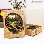 Wooden puzzle with scenic design and packaging on a white surface