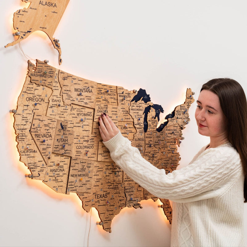Wooden 3d LED Map of USA - Gold