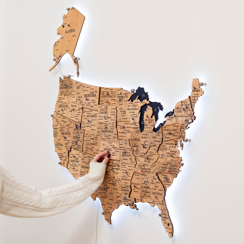 Wooden 3d LED Map of USA - Gold