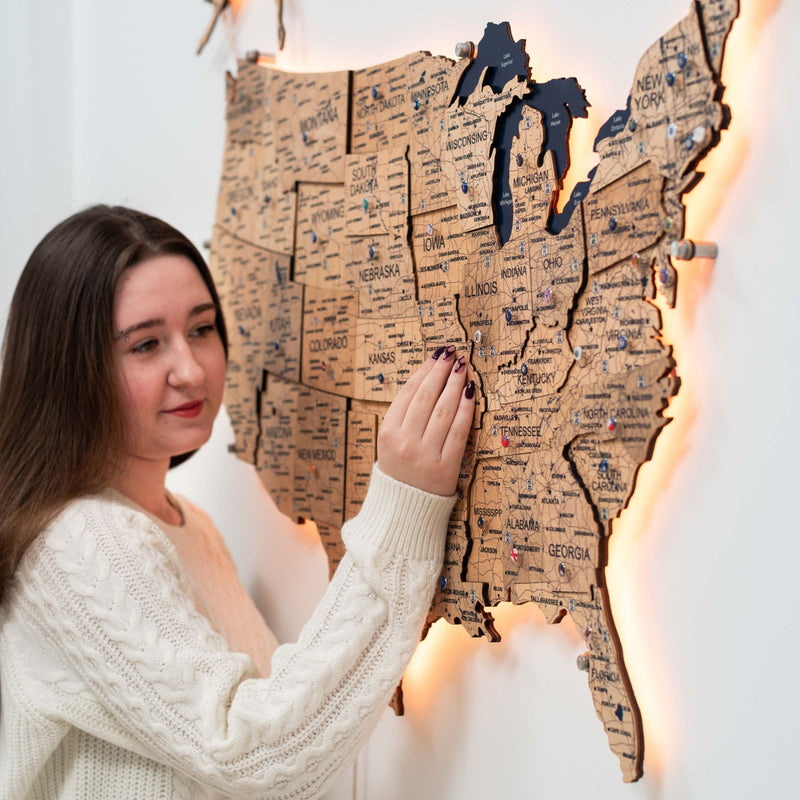 Wooden 3d LED Map of USA - Gold
