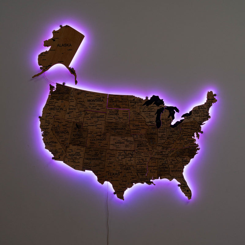 Wooden 3d LED Map of USA - Gold
