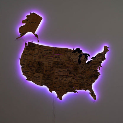 Wooden 3d LED Map of USA - Gold
