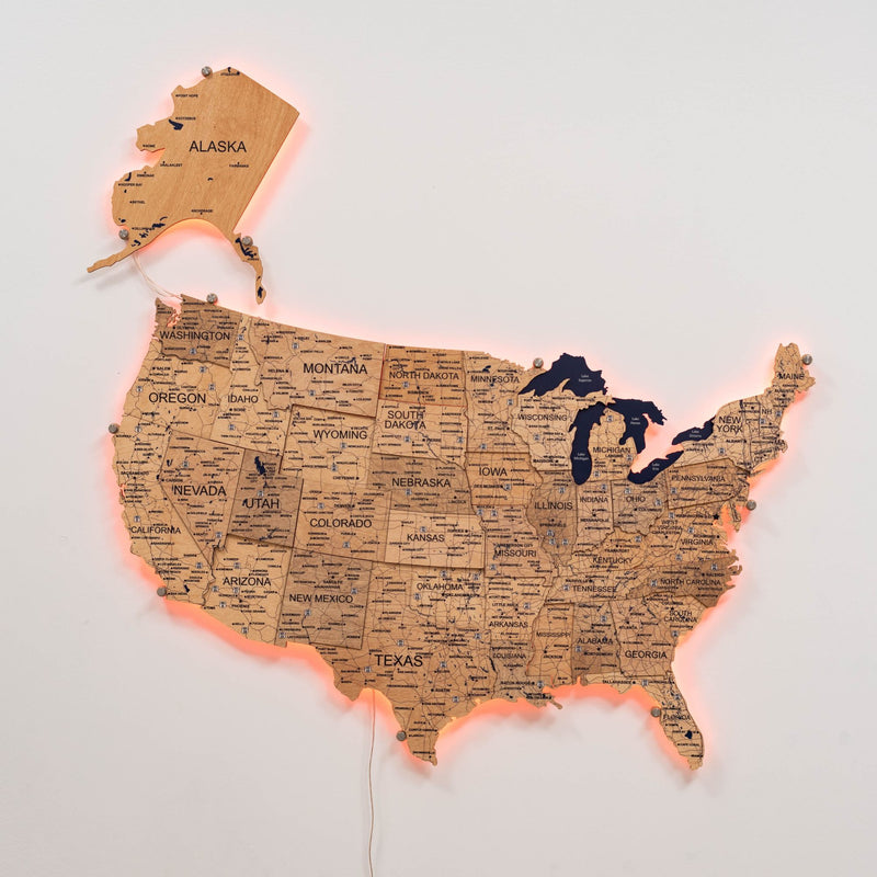 Wooden 3d LED Map of USA - Gold