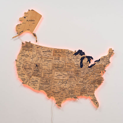 Wooden 3d LED Map of USA - Gold