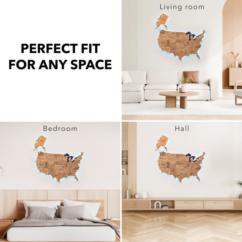 Wooden 3d LED Map of USA - Gold