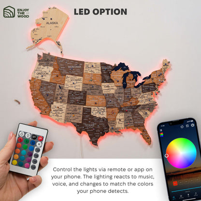 Wooden 3d LED Map of USA - Multicolor