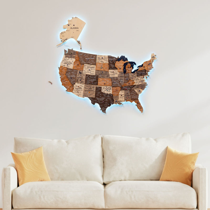 Wooden 3d LED Map of USA - Multicolor