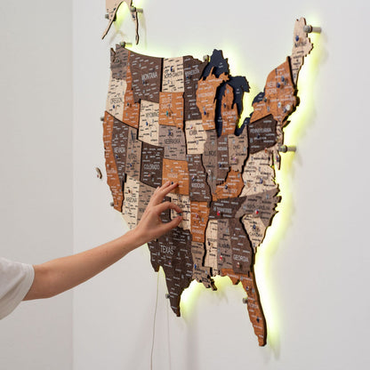 Wooden 3d LED Map of USA - Multicolor