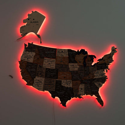 Wooden 3d LED Map of USA - Multicolor