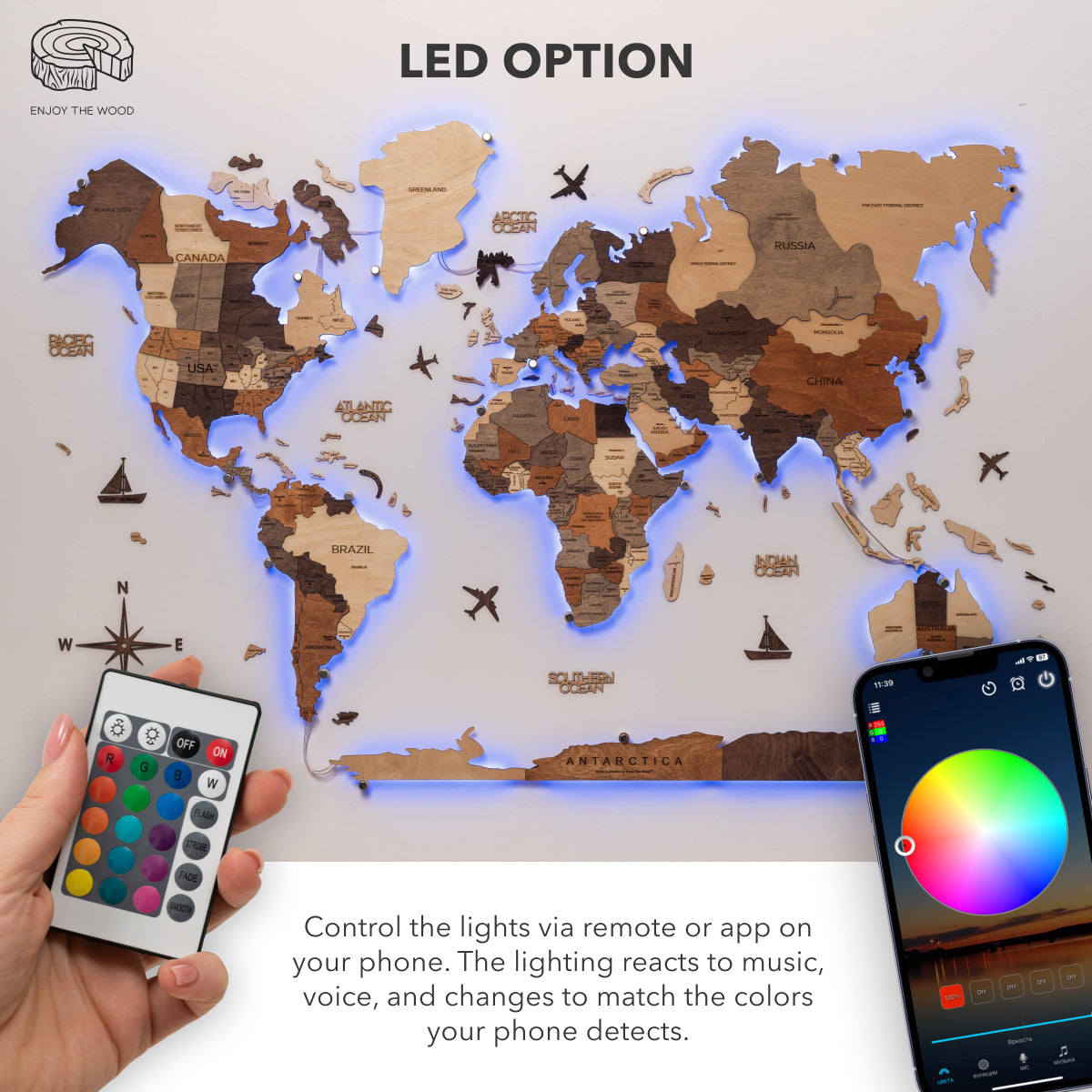 3D LED Wooden World Map 3.0 Multicolor