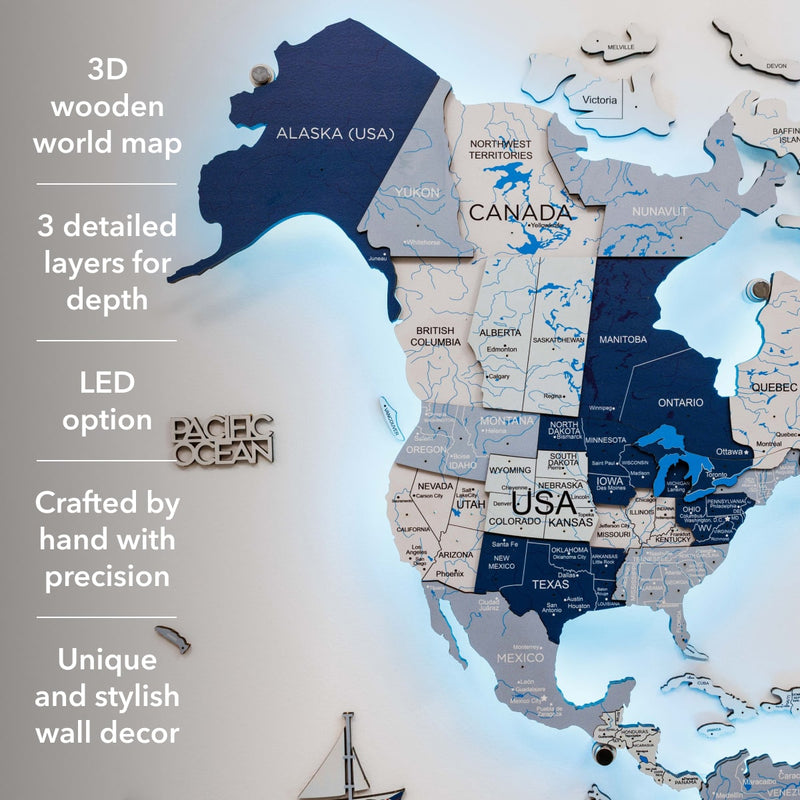 3D LED / LUMINOUS Wooden World Map 3.0 Aqua