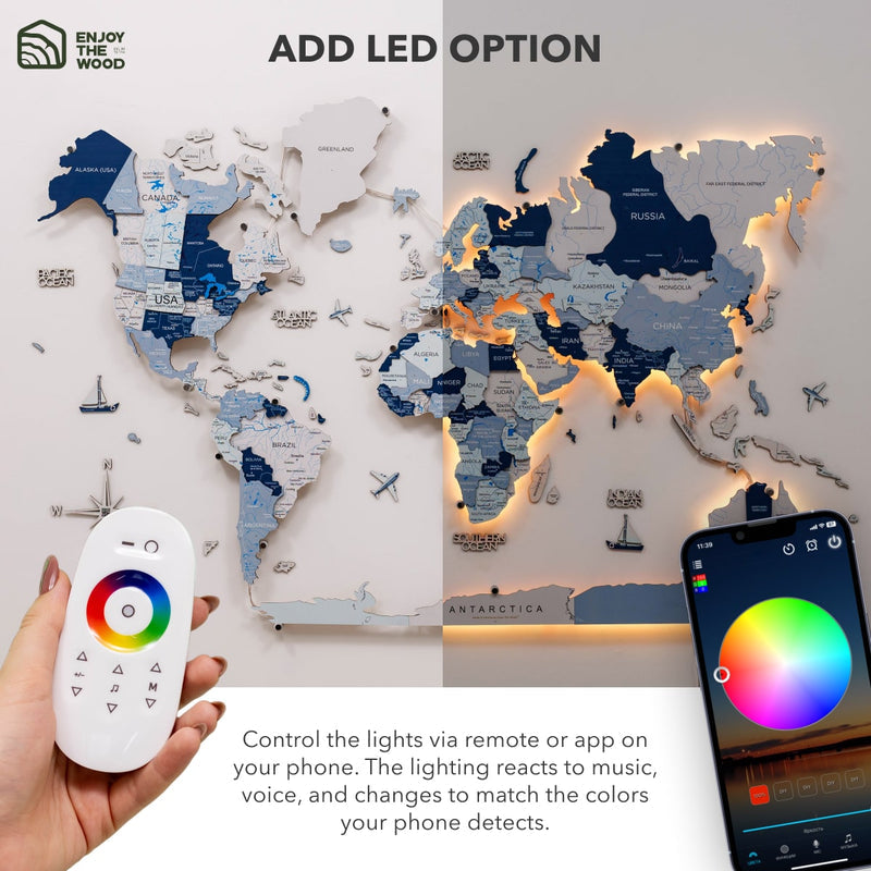 3D LED / LUMINOUS Wooden World Map 3.0 Aqua