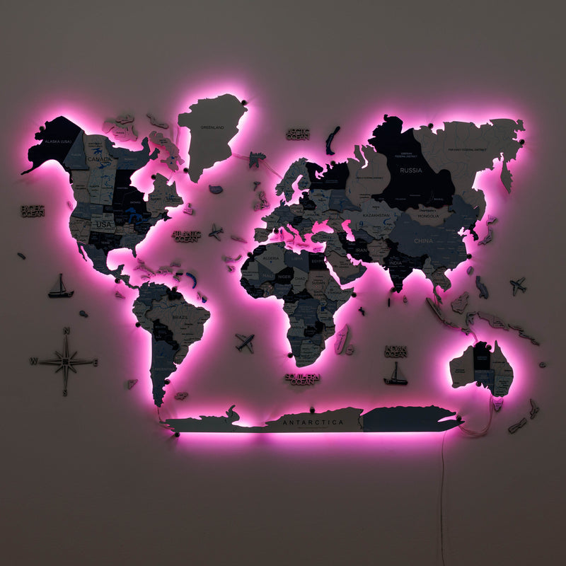 3D LED / LUMINOUS Wooden World Map 3.0 Aqua
