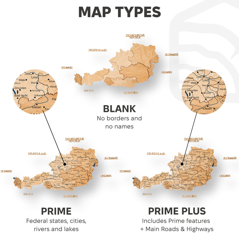 3D Wooden Map of Austria - Gold