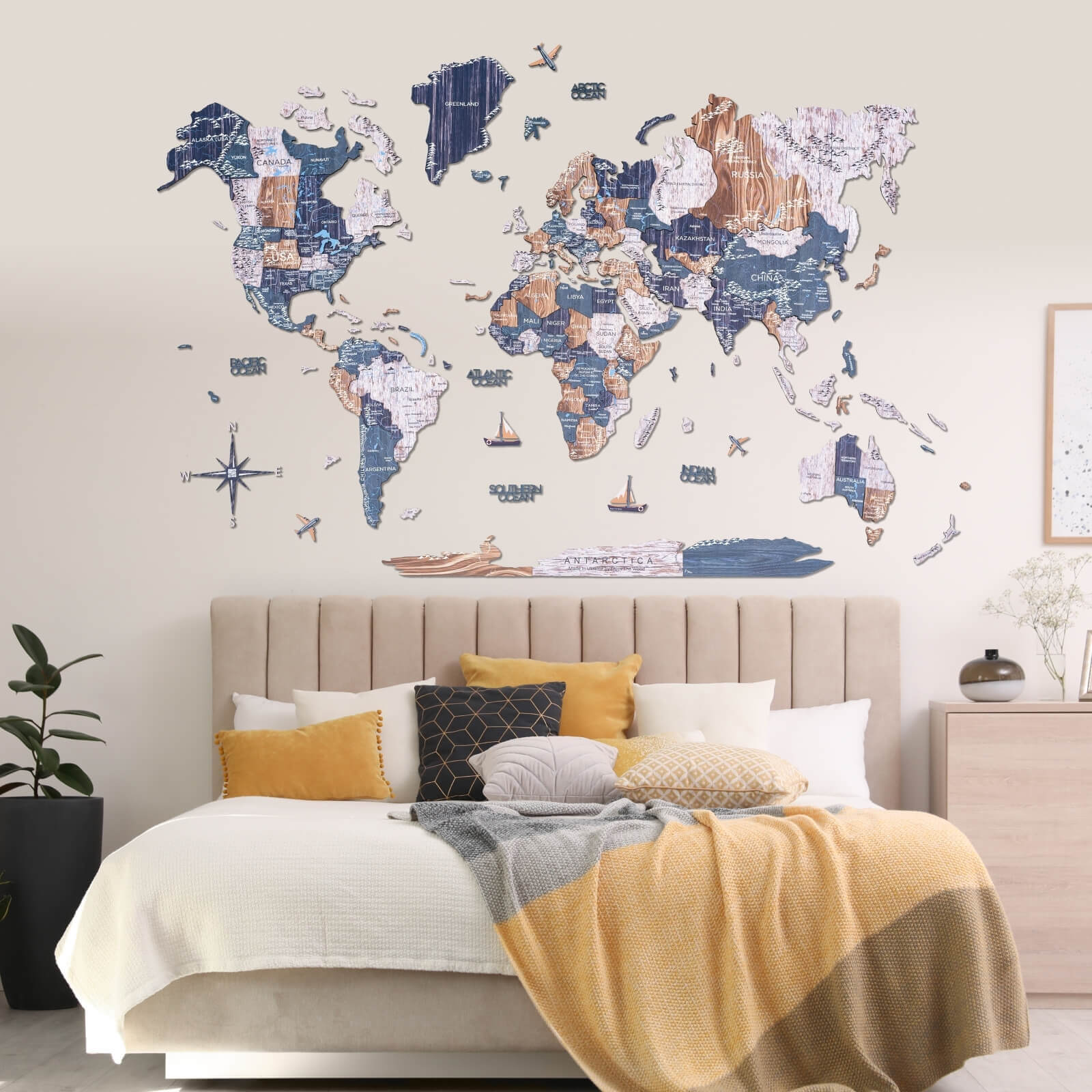 world map painted on wood