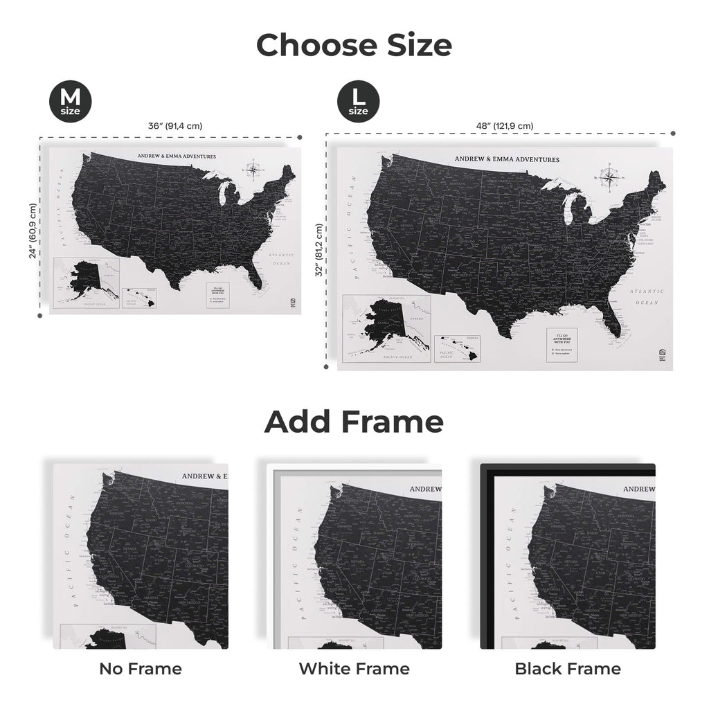 US map poster with size options and frame choices on a white background