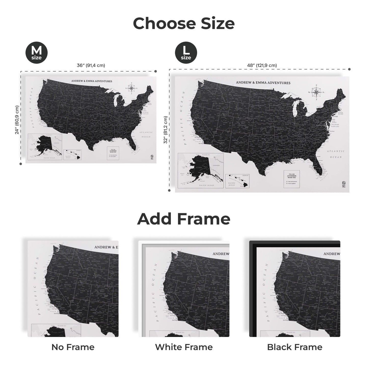 US map poster with size options and frame choices on a white background