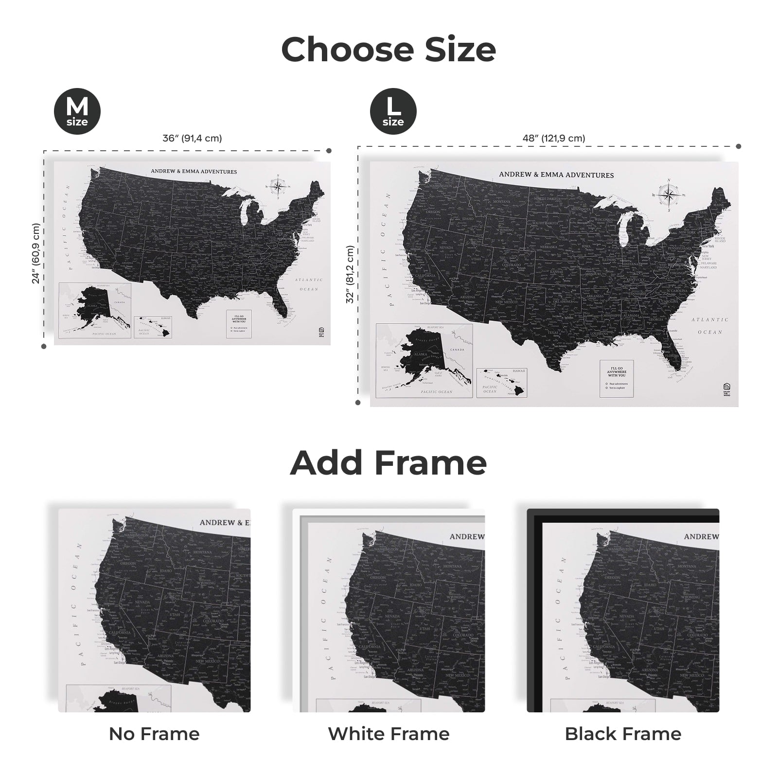 US map poster with size options and frame choices on a white background
