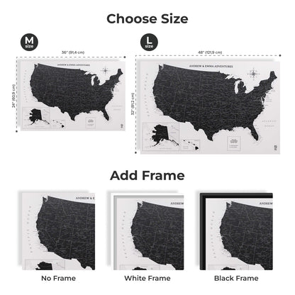 US map poster with size options and frame choices on a white background