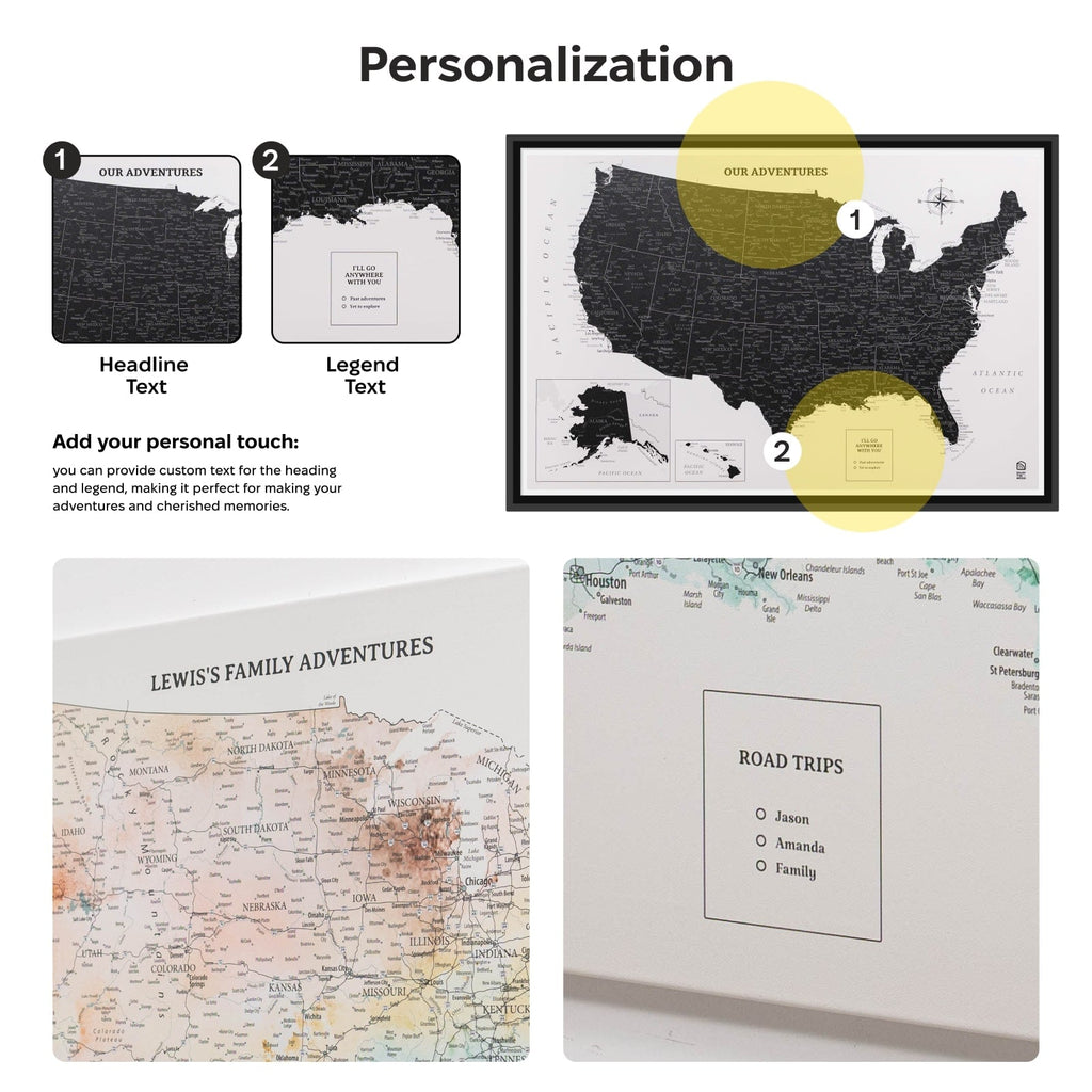 Personalized map products with customizable text on a white background