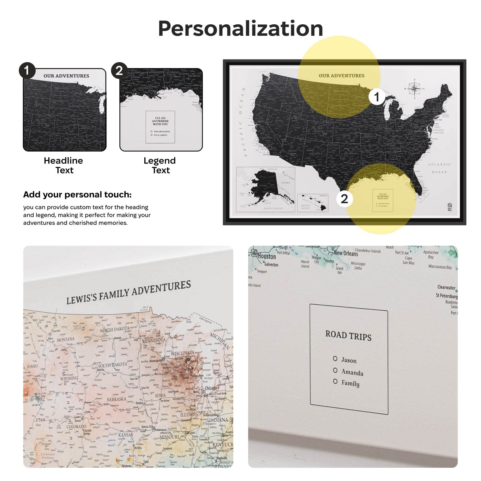 Personalized map products with customizable text on a white background