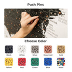 Push pins with color options displayed below on a white background