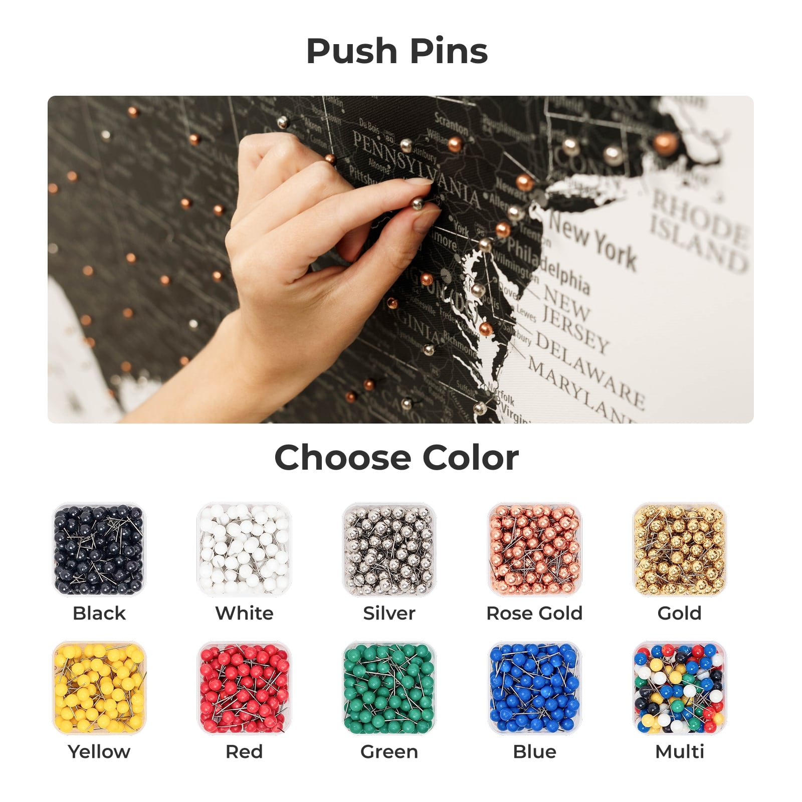 Push pins with color options displayed below on a white background