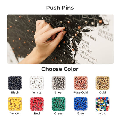 Push pins with color options displayed below on a white background