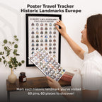 framed travel tracker poster about Europe's 60 landmarks