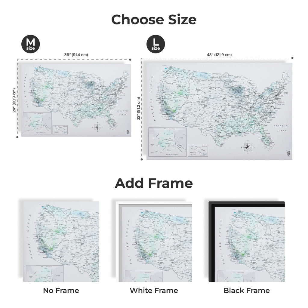 Map of the world with size options and frame choices displayed.