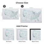 Map of the world with size options and frame choices displayed.