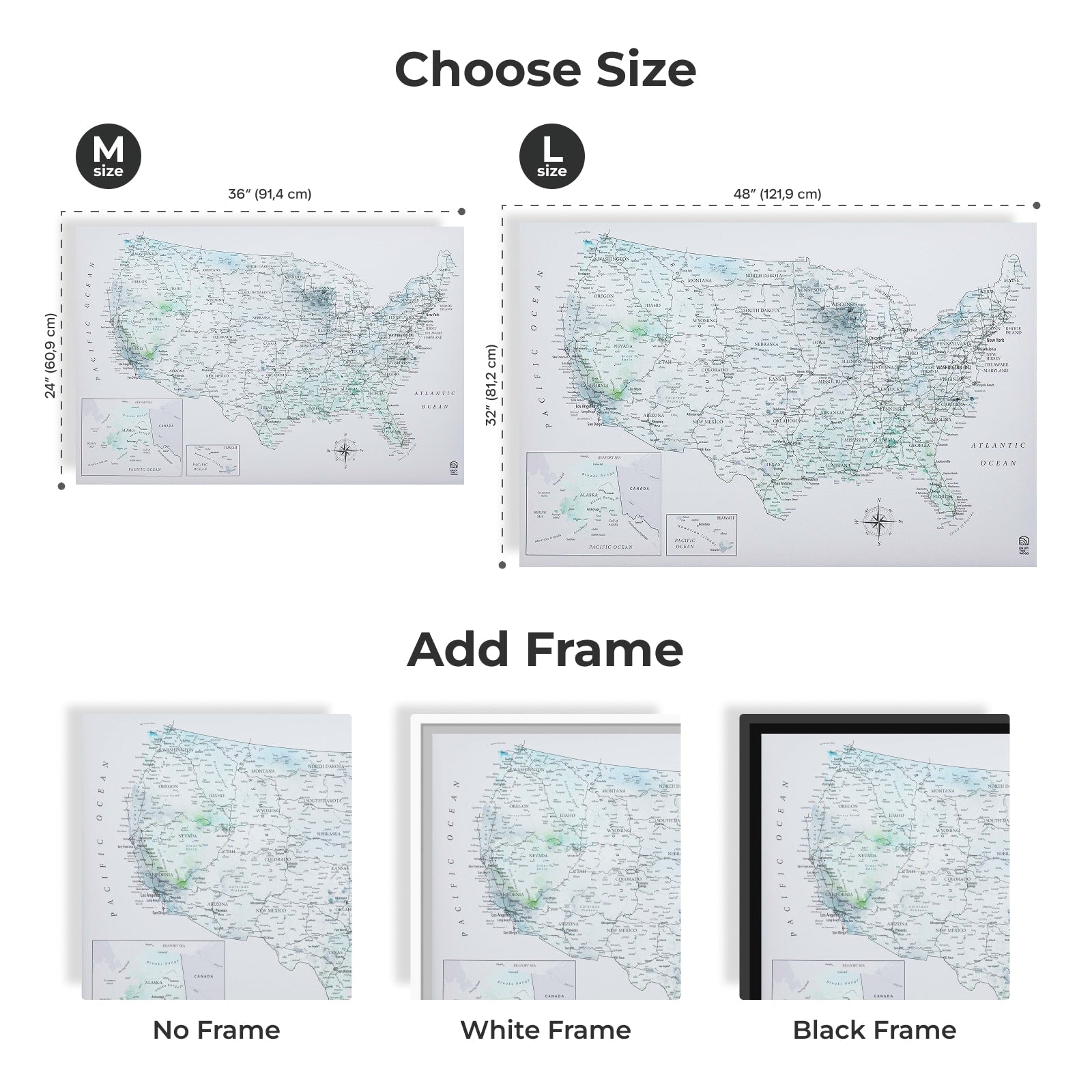 Map of the world with size options and frame choices displayed.