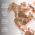 3D Solid Wooden World Map - Walnut