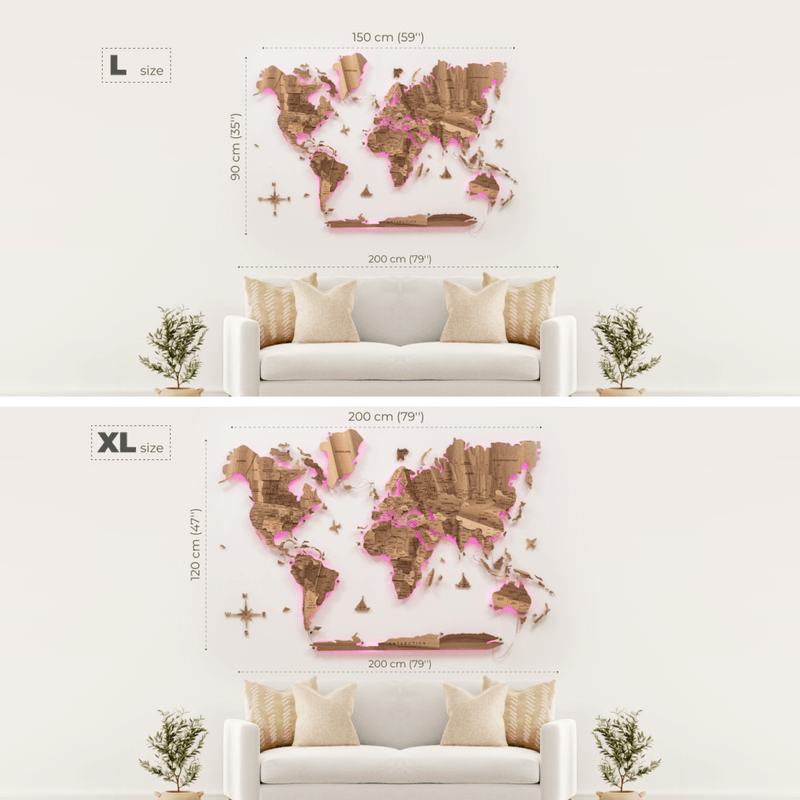 3D Solid Wooden World Map - Walnut