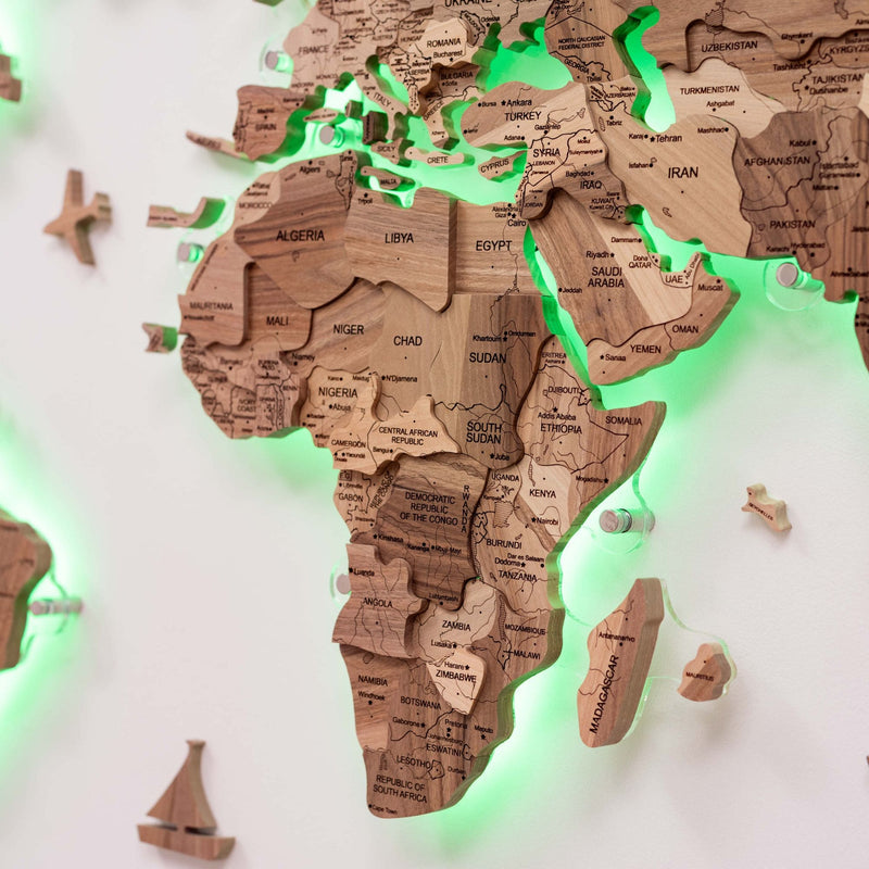 3D Solid Wooden World Map - Walnut