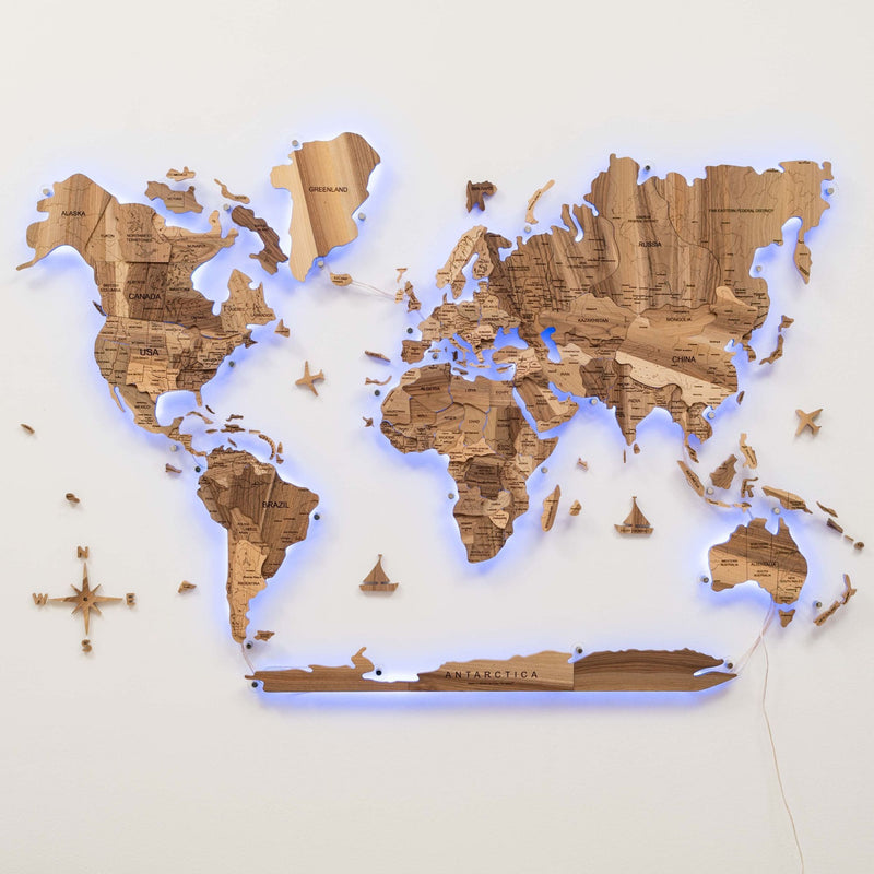 3D Solid Wooden World Map - Walnut