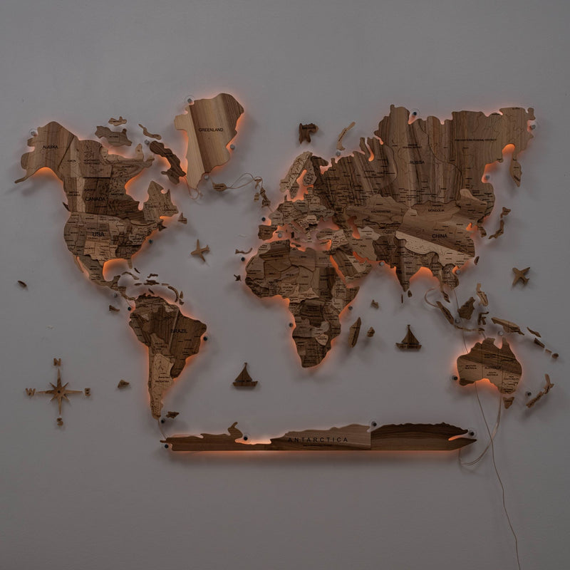 3D Solid Wooden World Map - Walnut
