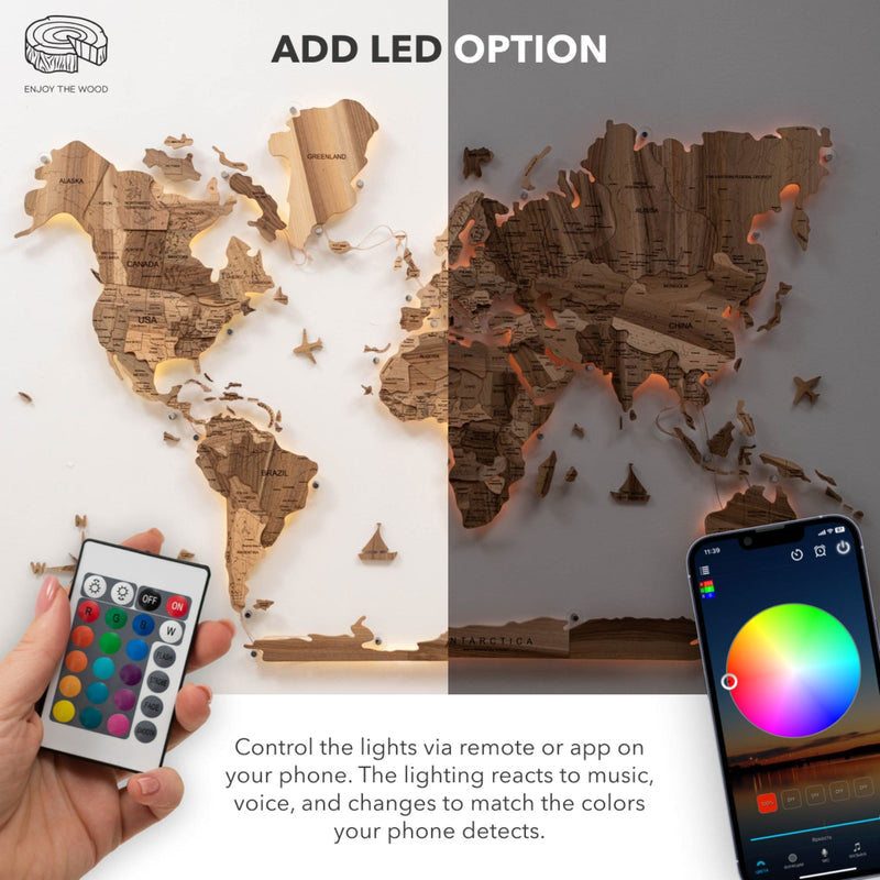 3D Solid Wooden World Map - Walnut