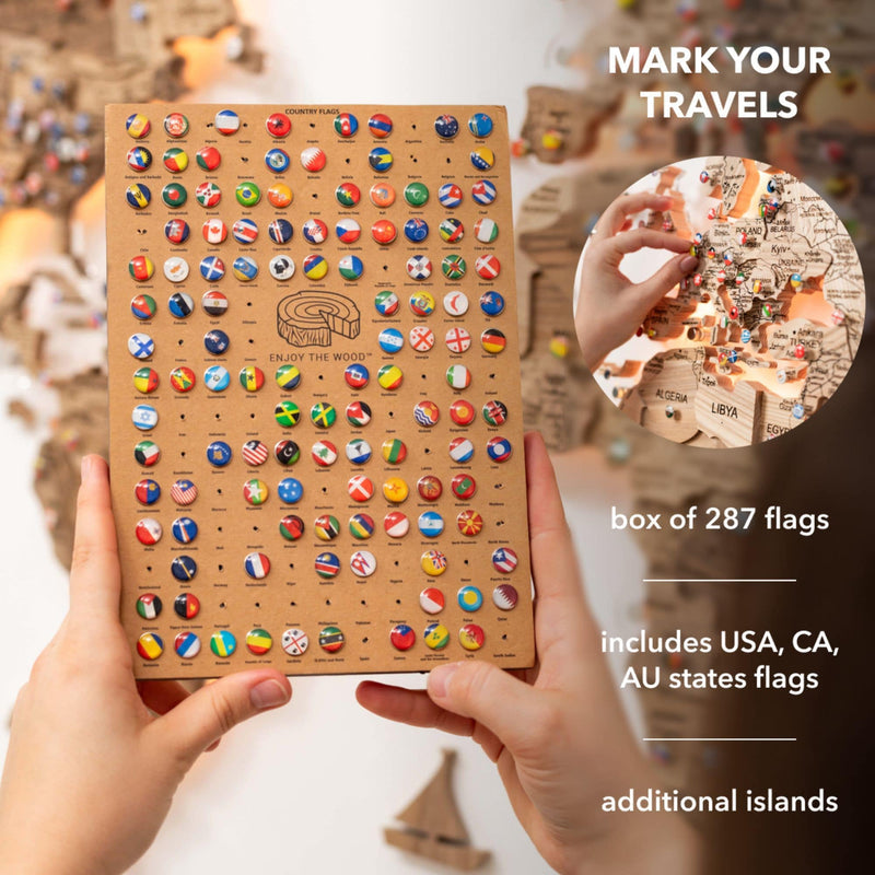 3D Solid Wooden World Map - Walnut