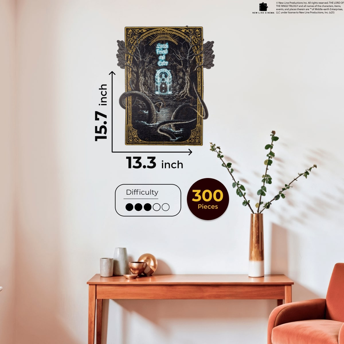 Wall art with measurements and puzzle piece count on a wall with a table and chair.