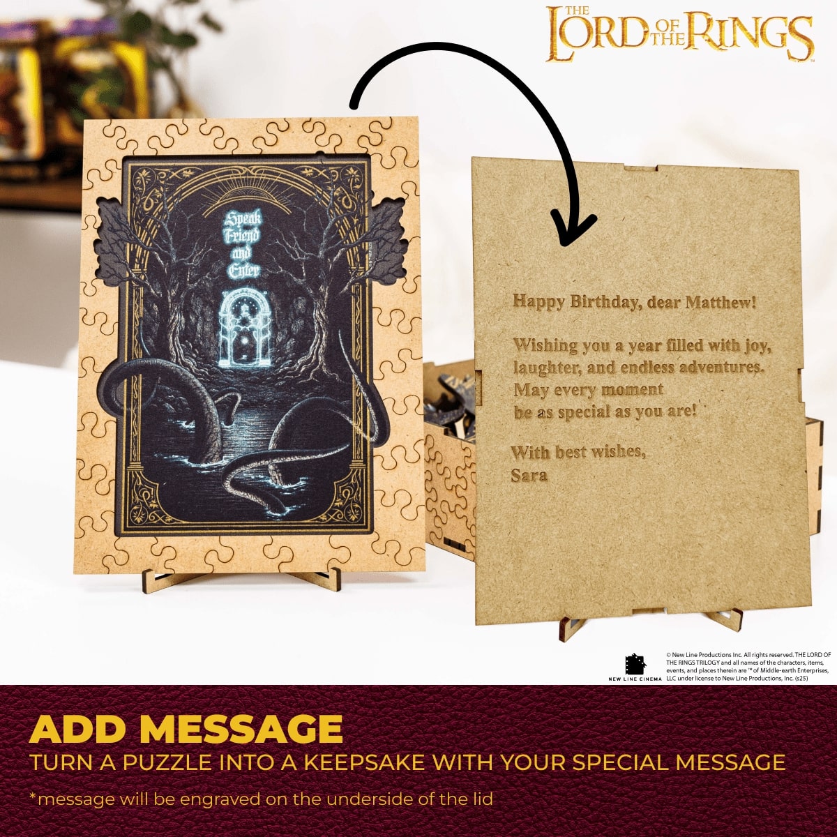 Greeting card with puzzle design and 'The Lord of the Rings' branding, featuring a birthday message.