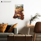 Living room with a gray sofa, brown chair, and a wall art piece depicting a scenic landscape.