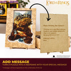 Jigsaw puzzle with a scenic image and a message card, inspired by 'The Lord of the Rings'.