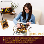 Woman assembling a 'The Lord of the Rings' themed puzzle at a table.