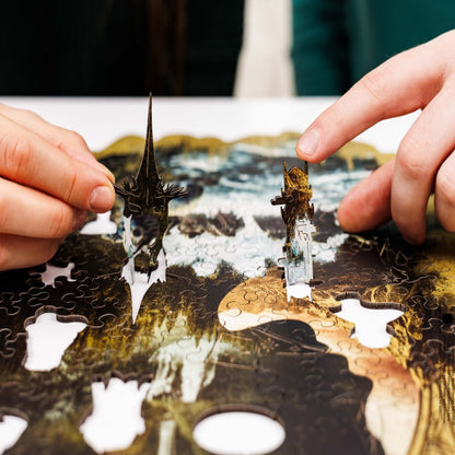 Jigsaw puzzle with decorative packaging on a white surface