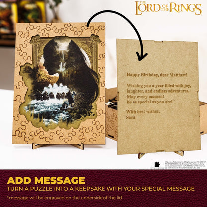Jigsaw puzzle packaging with 'The Lord of the Rings' branding and a personalized message card.