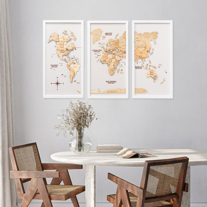3D Wooden Triptych World Map Gold