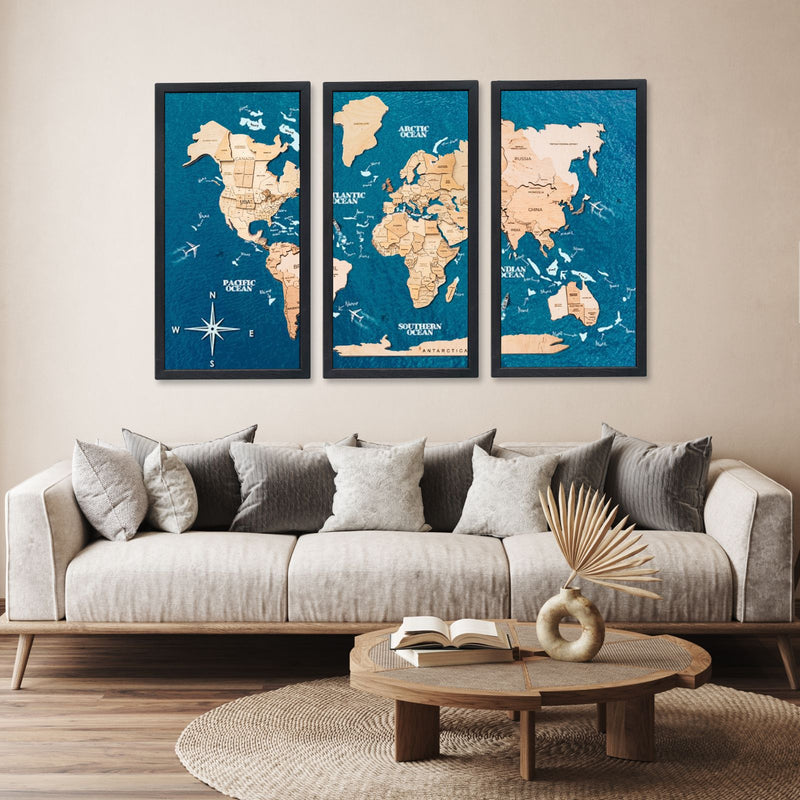3D Wooden Triptych World Map Gold