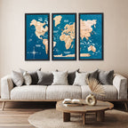 3D Wooden Triptych World Map Gold