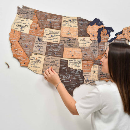 Wooden 3d Map of USA - Multicolor